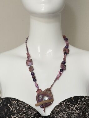 Handbeaded Amethyst, Agate & Abalone Shell Necklace Clay Terracotta Toggle Clasp